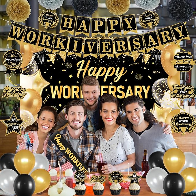 DARUNAXY Happy Workiversary Party Decorations for Men Women, Black Gold Happy Work Anniversary Banner Cake Topper Hanging Swirl Confetti Balloons Decor Set for Employee Office Party Supplies(31PC)