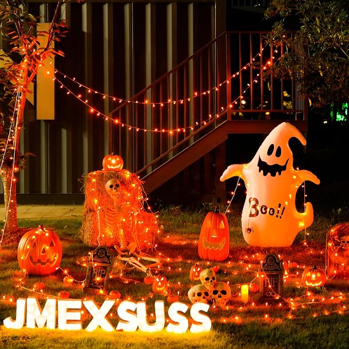 JMEXSUSS 33FT 100 LED Orange Lights for Halloween, Battery Operated Halloween Lights Outdoor Indoor, 8 Modes Remote String Lights for Yard Tree Front Porch Room House Fence Xmas Decor