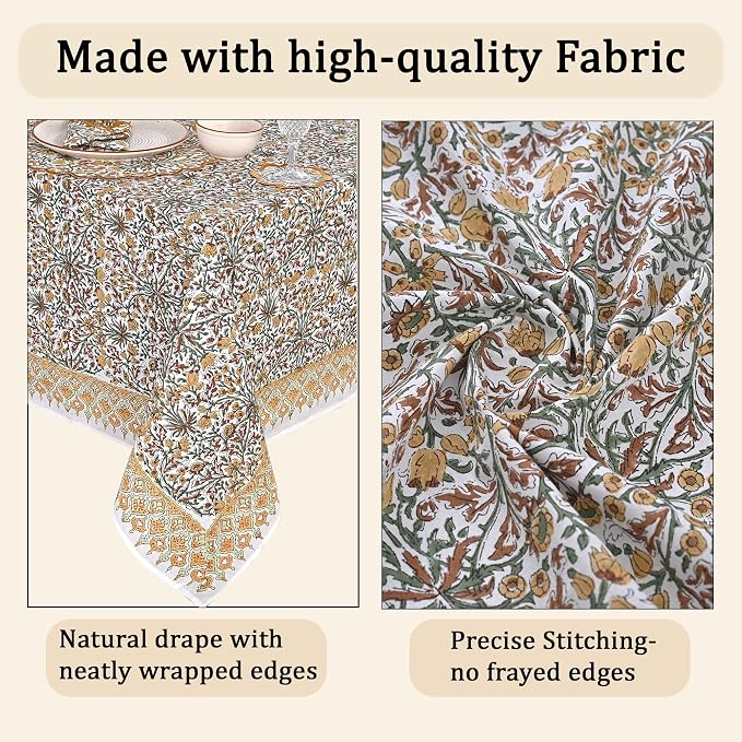Ridhi - Goldenrod Yellow Hand Block Print Cotton Cloth Dinning Table Cover Wedding Farmhouse Thanks Giving Christmas Spring Tablecloth 4 Seater 60x60 Inches