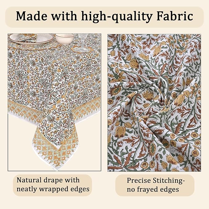 Ridhi Goldenrod Yellow Hand Block Print Cotton Rectangle Tablecloth 108" x 70" inches Reusable Table Cover Decorative Everyday Use for Dining Room, Farmhouse, Home Gift for Spring, Mother's Day