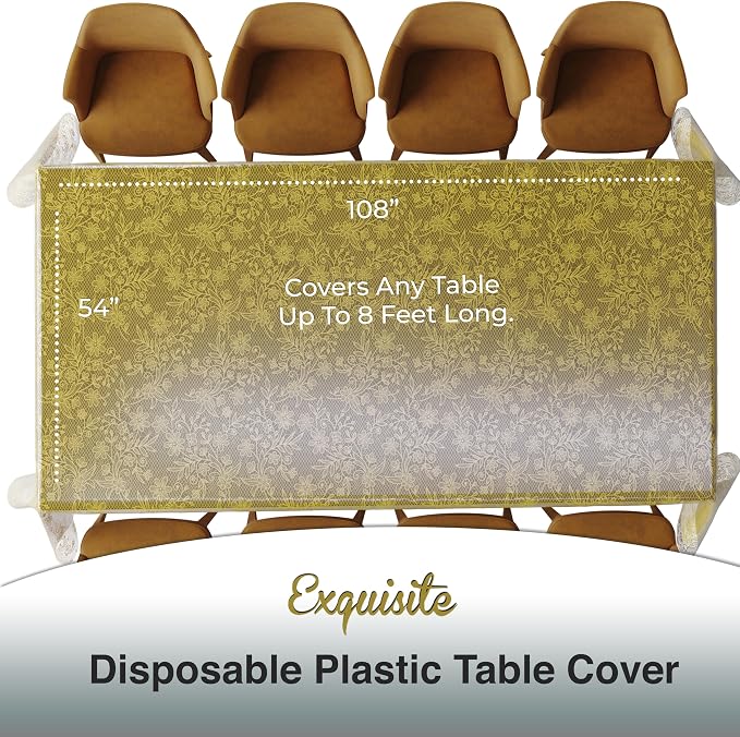 Exquisite Lace Table Cloth Rectangle Table Plastic 12-Pack Lace Tablecloth Rectangular 54" X 108" | Clear & Gold Floral Tablecloth Disposable | Wild Flower Party Decorations & Party Supplies