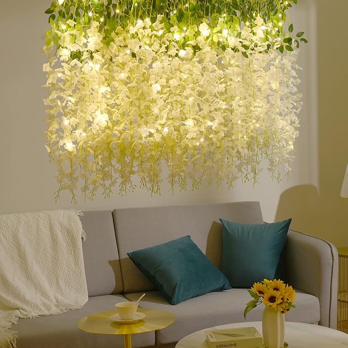 BLEUM CADE 24Pcs White Fake Wisteria Hanging Flowers with Lights, 3.6Ft/Pcs Artificial Wisteria Garland, Hanging Flowers for Wedding Party Home Backdrop Wall Decoration