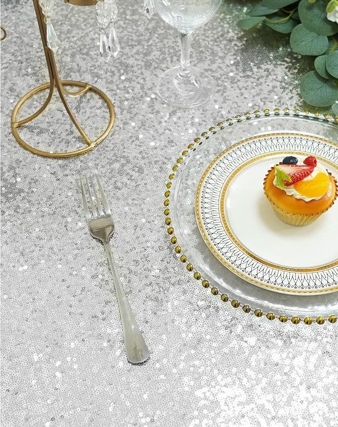 Eternal Beauty Silver Tablecloth, 90x132 Inch Sequin Rectangle Glitter Table Cover for Cake Dessert Exhibition Party Birthday Events