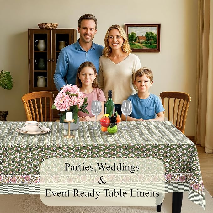CPC Tablecloth 100% Cotton 72x140 Inch Indian Block Print Easter Rectangle Table Cover, Table Cloth for Weddings, Parties- Jade Green 12-Seater