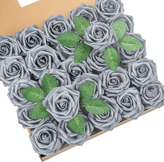 DuHouse 25Pcs Artificial Roses Flowers Fake Roses with Stems Real Touch Foam Flowers for DIY Wedding Bouquet Party Centerpiece Floral Arrangement Party Home Decor(Silver Grey)