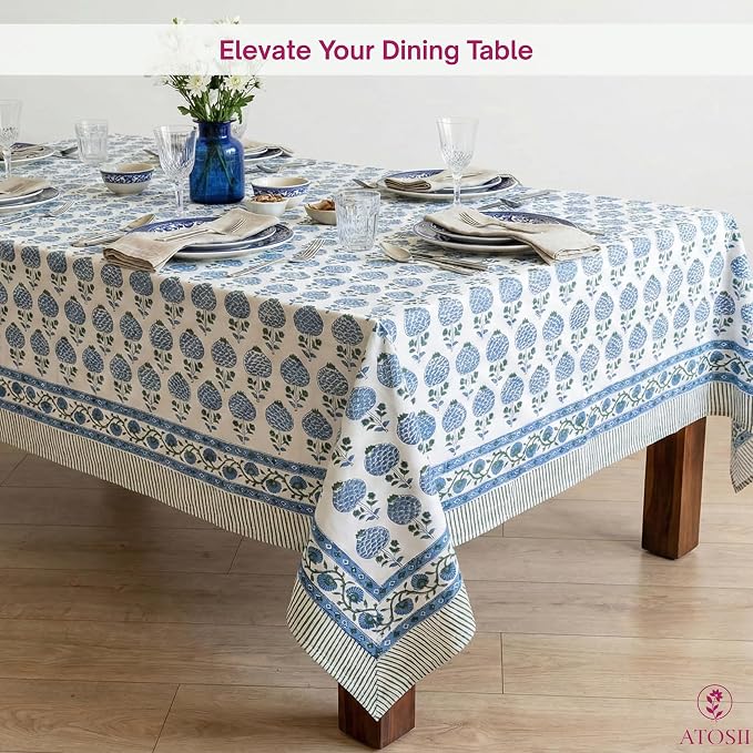 ATOSII Roma Blue 100% Cotton Boho Square Fall Tablecloth, Handblock Floral Print Table Cloth Linen for Kitchen Dining I Parties, Outdoors, Weddings, Christmas, Thanksgiving Decor 60 X 60 Inches