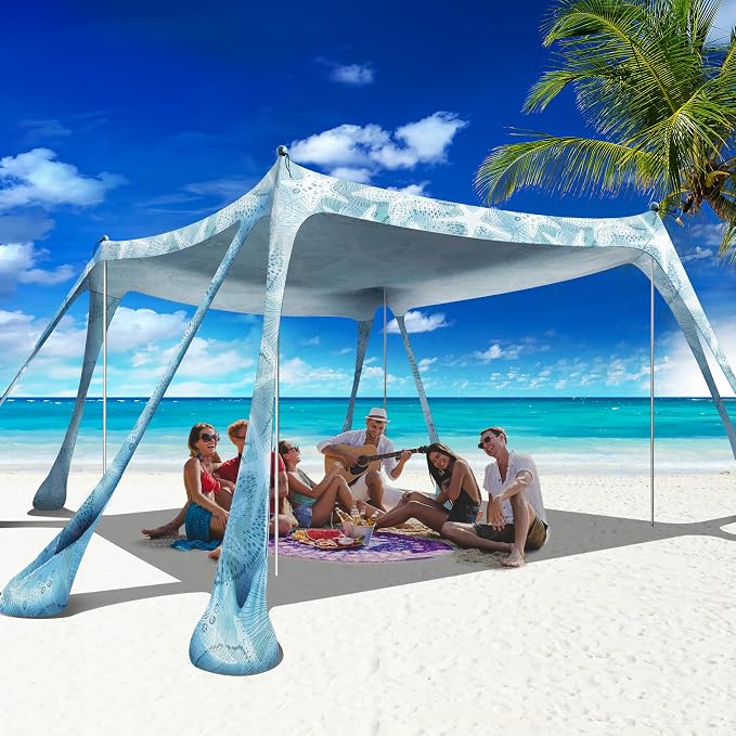 Beach Canopy Beach Tent Pop Up Shade 10x10ft Sun Shelter UPF50+ with 8 Sandbags-2 Sand Shovel-4 Aluminum Poles-Ground Pegs-Portable Carrying Bag for Outdoor Family Camping Fishing Yard Picnic