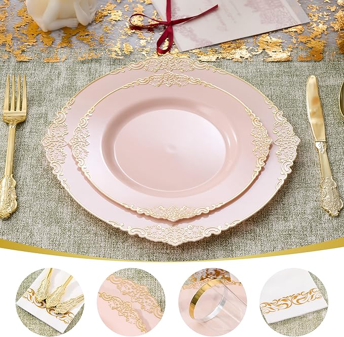 Fijinhom 350pcs Pink Plastic Plates, Elegant Disposable Dinnerware Set, 125 Pieces, White and Gold, Plates, Cups, Cutlery and Napkins (Pink, 50 Guests)