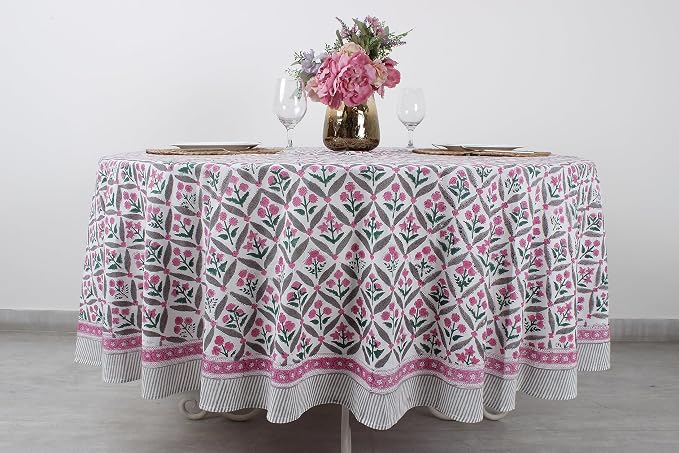 Ridhi Round Tablecloth Hand Block Print 100% Cotton Reusable Pink and White 110 Inch Table Cover Decorative Everyday Use for Dining, Home, Party, Wedding, Farmhouse Gift for Spring, Mother's Day