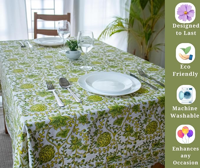 Block Print Table Cloth- 60x120 Inch Rectangle 100% Cotton Handmade Pre-Shrink, Washable for Spring, Kitchen & Dining Perfect for Chirstmas, Patio, Indoor & Outdoor, Farmhouse