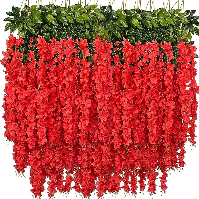 Artificial Wisteria Hanging Flowers Fake Wisteria Flower Garland Silk Vines Rattan Decor for Home Wedding Arch Wall Garden Greenery Bedroom Outdoor Office Party Decoration (12, Red)