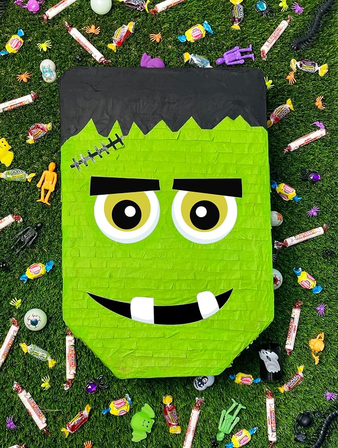 Jergrim Cute Frankenstein Halloween Piñata 3-piece Bundle for kids and adults, fits 2lbs of candy, perfect for Halloween party, spooky decorations, October birthday and party supplies