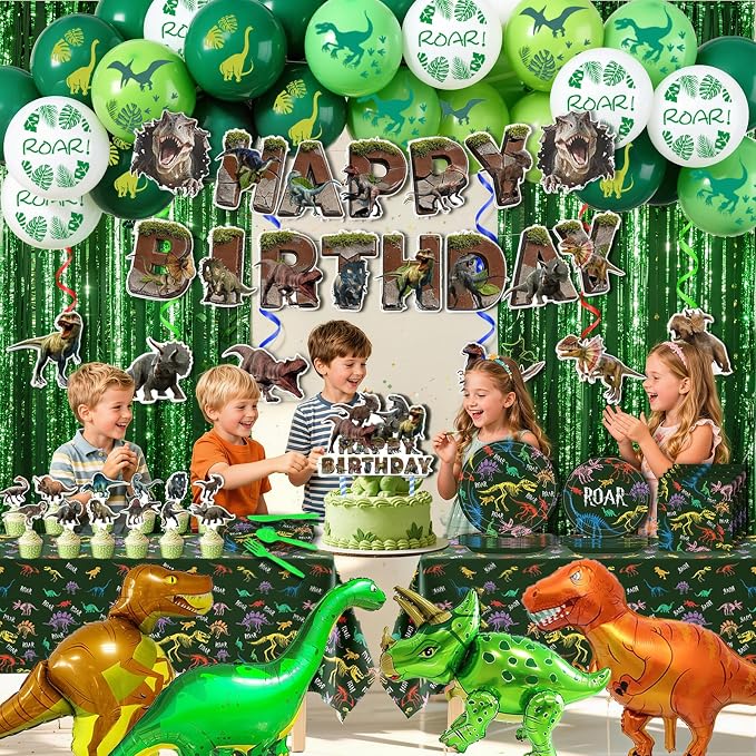 266Pcs Dinosaur Party Birthday Decorations Kit for Boys- Included Foil Fringe, Banner, Tablecloth, Hanging Swirls, Cupcake Toppers, Tableware, Paper Towel, Latex and Aluminum Foil Balloon (Dinosaur-2)