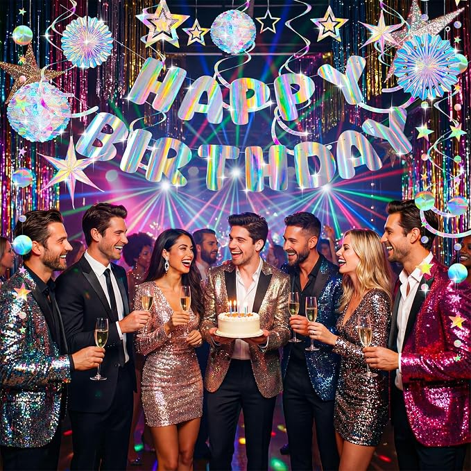 Knitgrip 23 Pcs Pre-strung Iridescent Birthday Party Decorations Aurora Holographic Party Decorations Include Disco Sparkly Happy Birthday Banner Hanging Honeycomb Ball Paper Fan Snowflake Star