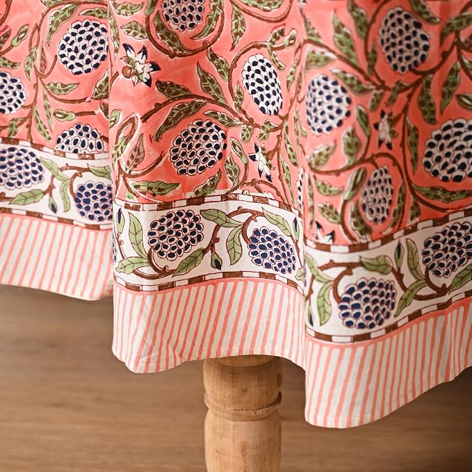 Hand Block Printed Tablecloth – Colorful Floral Print | 100% Cotton | Indian Artisan Handmade Art | Dining Room, Kitchen, Outdoor Décor, (Dark Salmon Pink, 8 Seater 90 Inches Round)