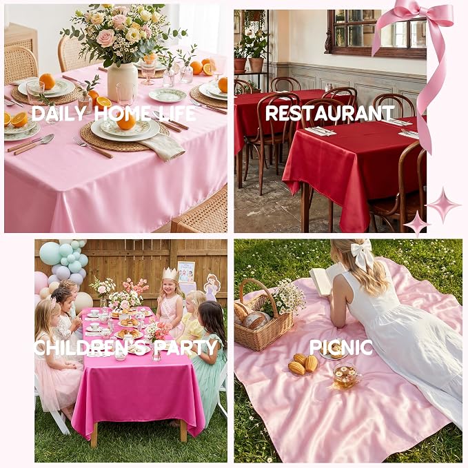 4 Pack Gradient Pink Satin Tablecloth 58 x 102 Inches, Rectangular Satin Table Cloths for Wedding Reception, Birthday Party, Graduation & Holiday Banquet Tables