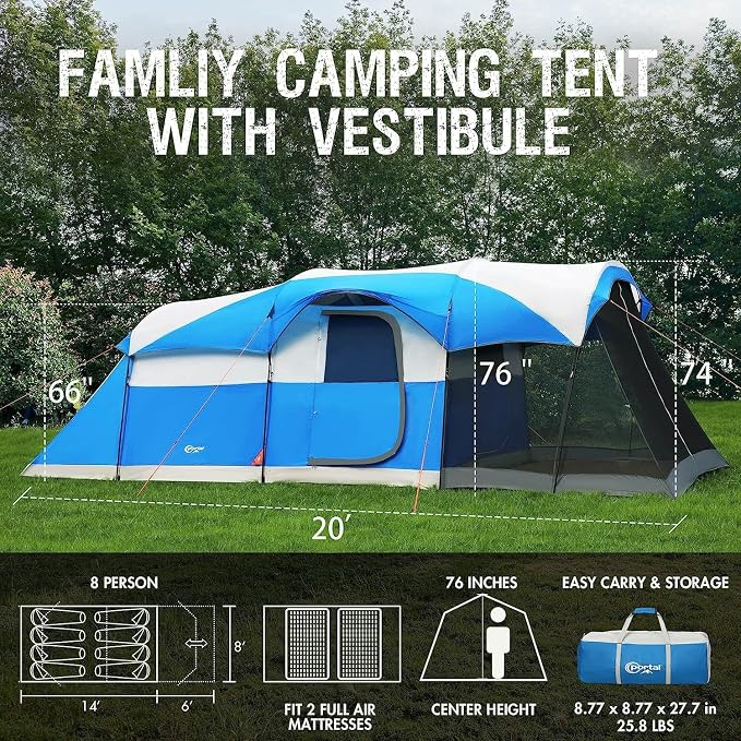 PORTAL 6/8/10 Person Family Camping Tent with Screen Room, Water Resistant Big Tunnel Tents with Rainfly, Large Family Tent for Camping, Outdoor, Patio
