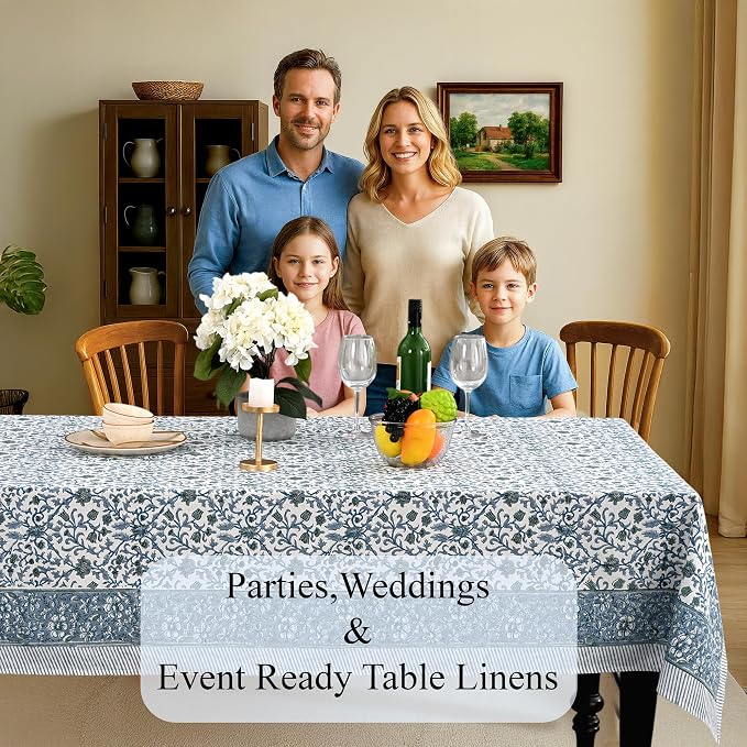 CPC Ocean Vine Tablecloth 100% Cotton 70x118 Inch Indian Block Print Rectangle Table Cover, Table Cloth for Gifting in Weddings, Halloween, Fall, Christmas, Thanksgiving
