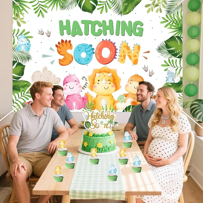Hatching Soon Dinosaur Baby Shower Decorations for Boy, 96Pcs Jungle Theme Party Supplies with 4 Baby Boxes, 5x3ft Backdrop, Green Balloon Garland Arch Kit & Tablecloth for It's a Boy Reveal