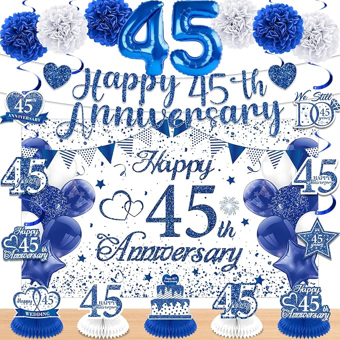 45th Wedding Anniversary Decorations Kit Blue Happy 45th Anniversary Banner Backdrop Table Honeycomb Centerpiece Hanging Swirls Poms Decor for Men Women 45 Years Wedding Anniversaries Party Supplies