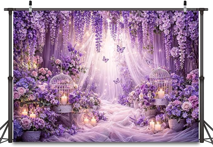 6x4ft Purple Butterfly Floral Backdrop for Photography Butterfly Flowers Girls Party Decorations Background Wedding Birthday Baby Shower Party Cake Table Decor Banner Photo Booth Props
