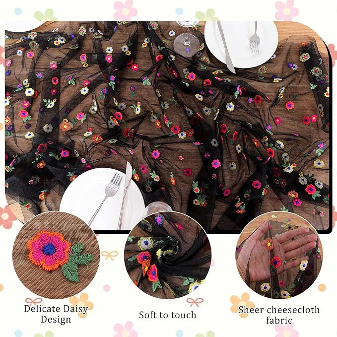 BINBE 3pcs Black Daisy Spring Table Runner Embroidery Gauze 10FT Florals Seasonal Tulle Holiday Birthday Kitchen Dining Table Decor for Home Party