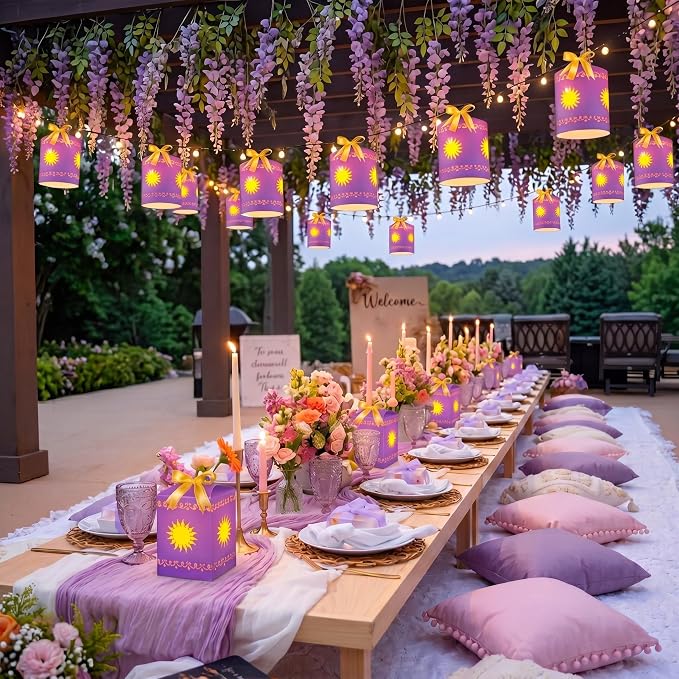 Beeveer 20 Pack Princess Sun Hanging Lanterns DIY Set Purple Princess Hanging Paper Lanterns Purple Sun Cutout Square Round Decorations for Birthday Party, Light String Not Included(Vivid Color)