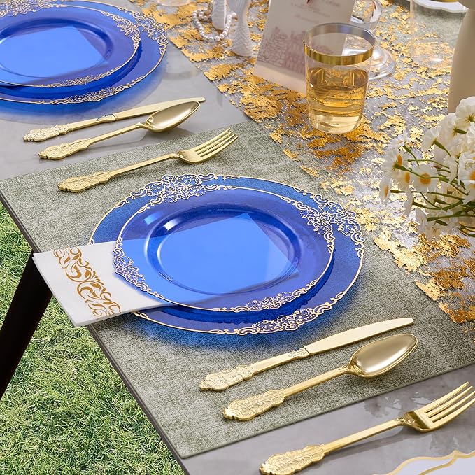 Fijinhom 350pcs Blue Plastic Plates, Elegant Disposable Dinnerware Set, 125 Pieces, White and Gold, Plates, Cups, Cutlery and Napkins (Blue, 50 Guests)