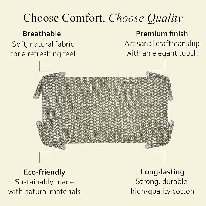CPC Tablecloth 100% Cotton 72x140 Inch Indian Block Print Easter Rectangle Table Cover, Table Cloth for Weddings, Parties- Jade Green 12-Seater