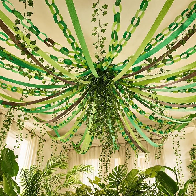 LFUTARI 500 Sheets Green Paper Chain Strips Garland, 492ft Jungle Crepe Paper Streamers and 82ft Fake Ivy Vines for Holiday Birthday Back to School Rainforest Party Classroom Backdrop Decorations