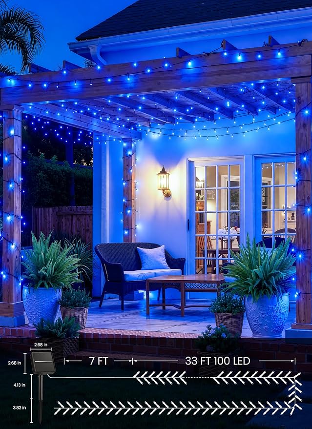 Brightown 2 Pack Solar String Lights Outdoor,Total 80FT 200 LED Solar Powered String Lights Waterproof with 8 Modes, Auto On/Off, Patio Lights for Outside Tree Garden Balcony Party Decor (Blue)