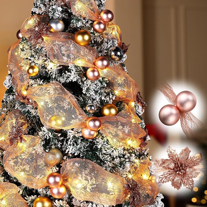 Hollowfly 16.4 ft Christmas Tree Ribbon Garland Mesh with Lights Decor Mesh Christmas Ball Garland Poinsettia Flower Hanging Ornament for Mantle Front Door Xmas Decoration(Rose Gold)