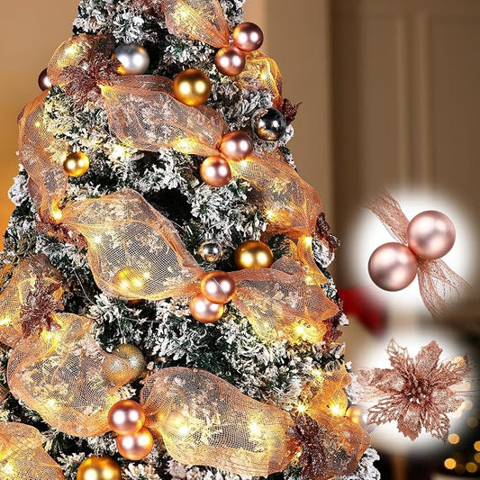 Hollowfly 16.4 ft Christmas Tree Ribbon Garland Mesh with Lights Decor Mesh Christmas Ball Garland Poinsettia Flower Hanging Ornament for Mantle Front Door Xmas Decoration(Rose Gold)