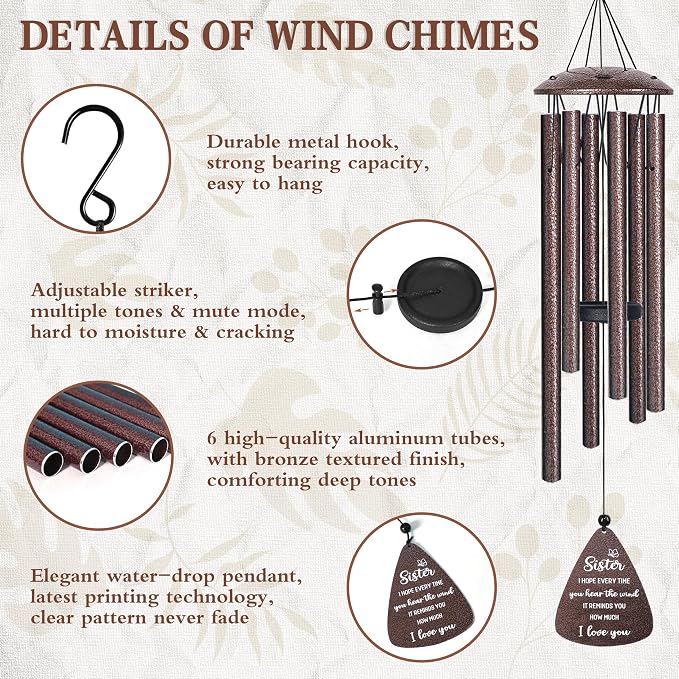 Sister Gifts, 32" Bronze Wind Chimes, Sister's Birthday Gifts from Sisters Brother, Sisters in Law Gift, Best Sister Ever Gift for Women Birthday Christmas Mother's Day, Home Decor