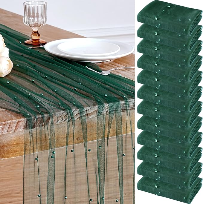 Pearl Table Runner Tulle Fabric: 10ft Pearl Kitchen Linen 29x120 Inch 12pcs Emarald Green Sheer Gauze Fabrics for Wedding Decor Birthday St. Patrick's Day Party Dining Table Cover
