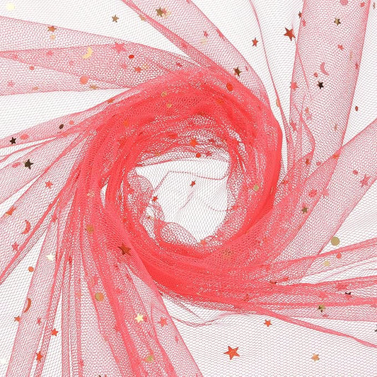uxcell 60" x 8.7 Yard Tulle Fabric Star Moon Sequin Tulle Ribbon Rolls for Wedding Party Backdrop Stage Tutu Dress Bridal Veil DIY Sewing Crafts Decoration, Watermelon Red