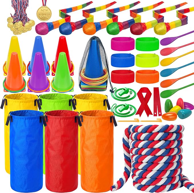 LINAYE Field Day Games for Kids Adults, Outdoor Activities Carnival Lawn Yard Family Reunion Survivor Games Tug of War Rope, Potato Sack Race Bags, Ring Toss, Throw and Catch Ball for Birthday Party