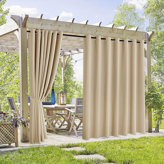 RYB HOME Extra Wide Outdoor Curtains 2 Panels - UV Protect Waterproof Privacy Outside Curtains for Patio Gazebo Balcony Lanai Porch Pergola Deck, Wide 105 x Long 108 inches, Biscotti Beige