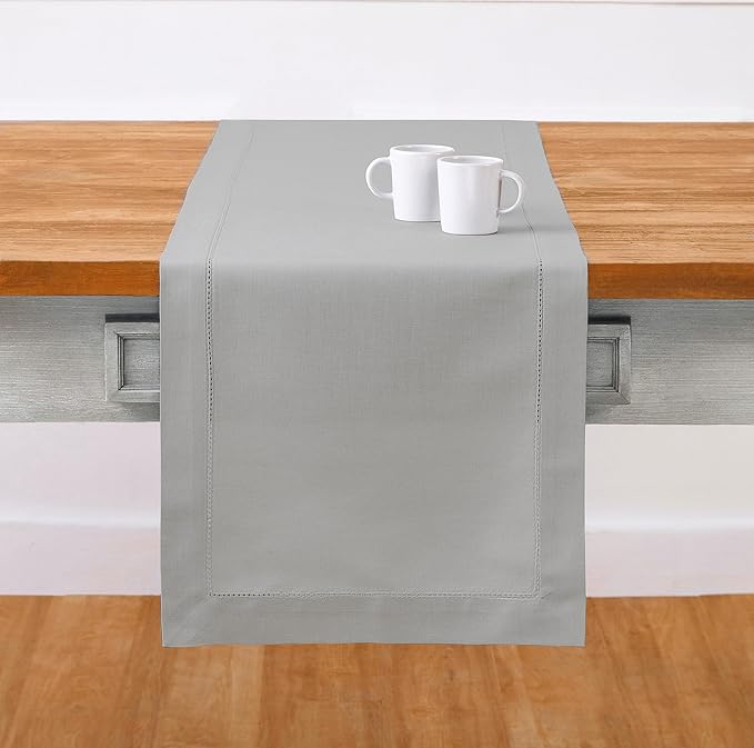 Solino Home Light Grey Table Runner 90 Inches Long - Cotton Linen Hemstitch 14 x 90 Inch Table Runner for Dining, Spring, Summer, Mothers Day