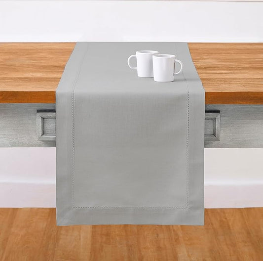 Solino Home Light Grey Table Runner 108 Inches Long - Cotton Linen Hemstitch 14 x 108 Inch Table Runner for Dining, Spring, Summer, Mothers Day