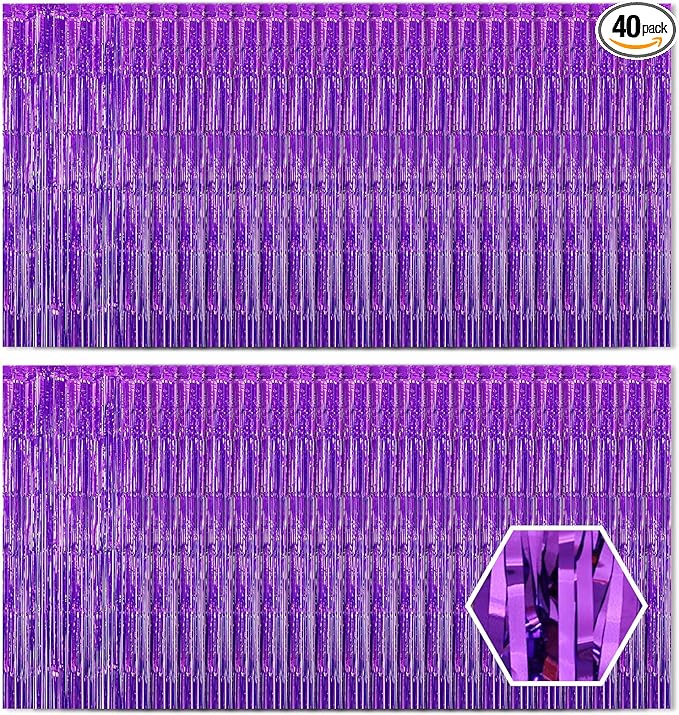 40 Pack Purple Foil Curtain Backdrop Metallic Tinsel Foil Fringe Curtains Photo Booth Props for Birthday Party Decoration Christmas Holiday Halloween New Year Party Supply, Purple