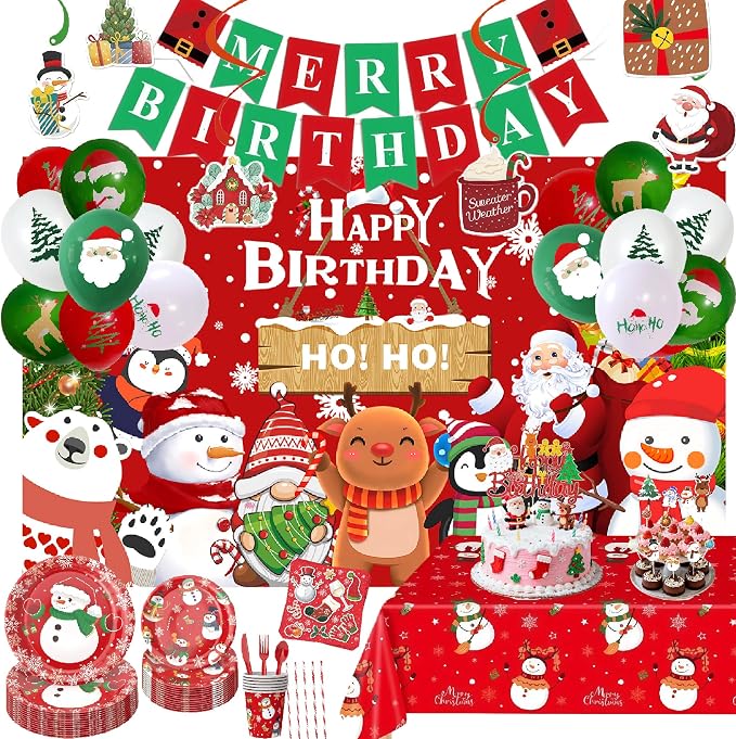 Christmas Themed Happy Birthday Party Decorations, Plates Napkins Cups Tableware, Christmas Snowman Backdrop Tablecloth, Happy Birthday Banner, Cake Topper, Colorful Printed Balloons for Kids Adults