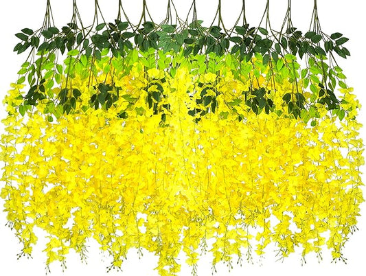 AITISOR 24 Pack Artificial Fake Wisteria Vine Ratta (3.75 Feet) Hanging Garland Silk Flowers String Home Party Wedding Decor (Yellow)