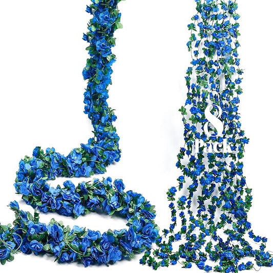 Miracliy 8Pcs 66FT Blue Flower Garland, Artificial Rose Floral Vines Fake Hanging Spring Flower Garland for Wall Backdrop Wedding Arch Tea Party Door Mantle Decoration