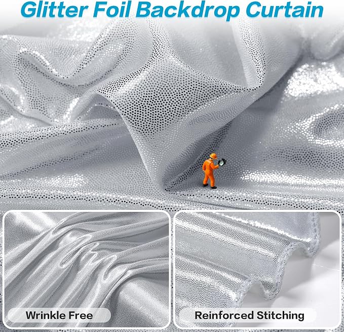 gogoparti Silver Backdrop Curtain 20x12FT 4 Panels Metallic Shine Fabric, No Shedding Wrinkle Free Glitter Drapes for Birthday Party, Event Background, Photography Decor