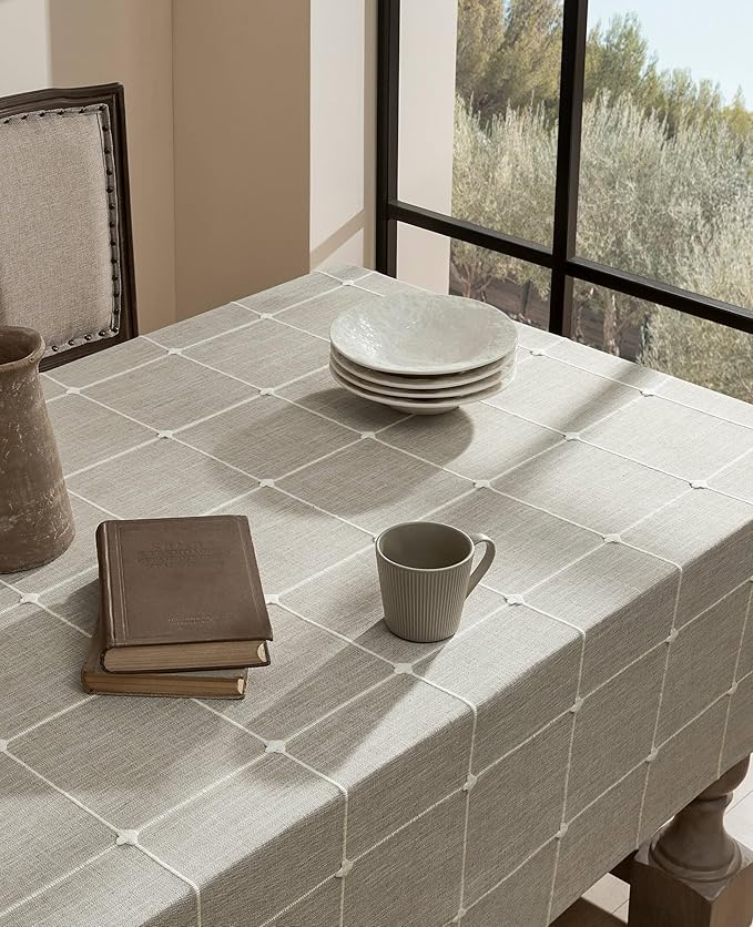 ZeeMart Grid Embroidered Hemmed Tablecloths, Raw Linen 52x52 Inch, Farmhouse Style Heavy Weight Cotton Linen Beige Tablecloths, Boho Plaid Water Resistant Square Table Cloth