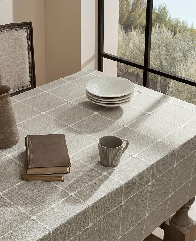 ZeeMart Grid Embroidered Hemmed Tablecloths, Raw Linen 60x60 Inch, Farmhouse Style Heavy Weight Cotton Linen Beige Tablecloths, Boho Plaid Water Resistant Square Table Cloth