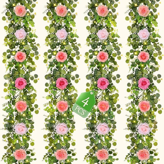 Livole 4Pcs 6.5 FT Artificial Flower Garlands with Fairy Light, Pink Fake Silk Rose Eucalyptus Hanging Vine for Wedding Table Centerpieces Party Arch Ceremony Garlands Backdrop Decor