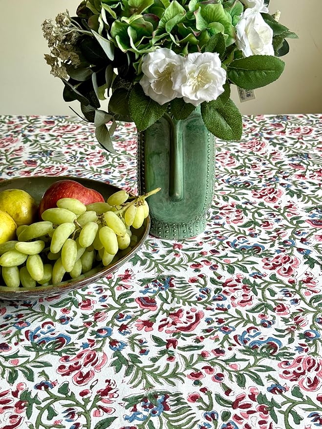 ATOSII Ambrosia 100% Cotton Rectangle Boho Spring Summer Tablecloth, Handblock Floral Table Cloth Linen for Kitchen Dining I Parties Wedding Outdoors Easter I 72 X 140 Inches I 12 Seater
