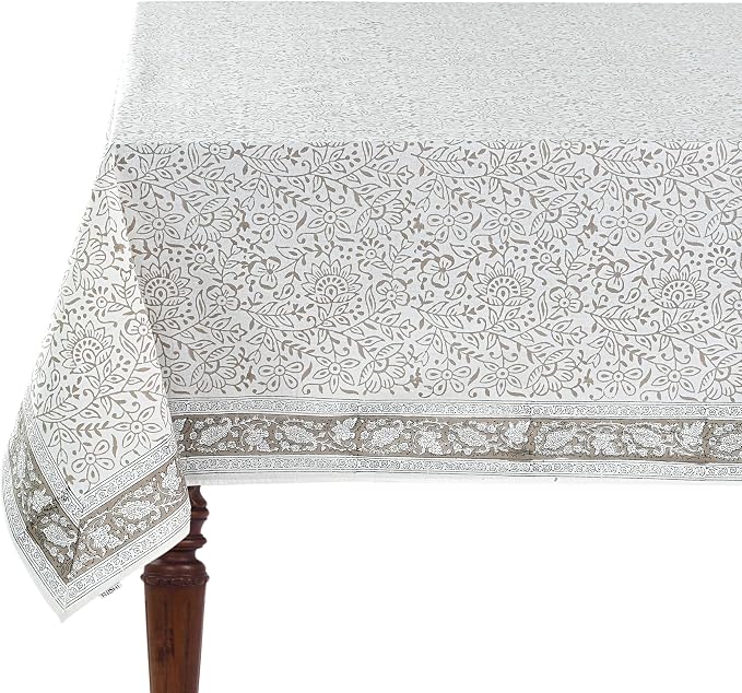 Ridhi Taupe Jal Hand Block Print Cotton Rectangle Tablecloth 90" x 60" inches Reusable Table Cover Decorative Everyday Use for Dining Room, Farmhouse, Home Gift for Spring, Mother's Day